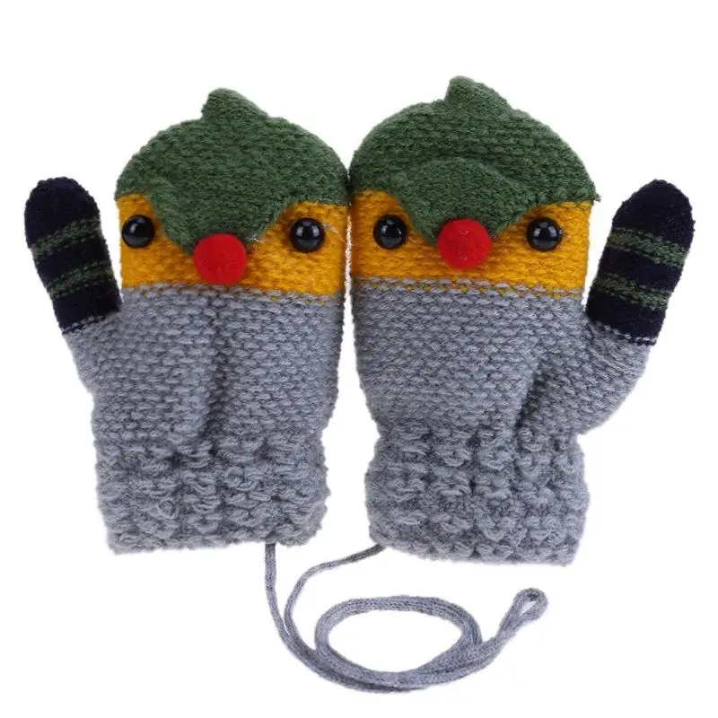 Зимние милые детские вязаные эластичные флисовые плотные перчатки с рисунком птицы - Цвет: Серый
