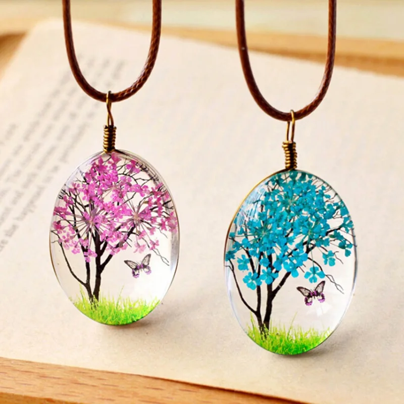 

Hand Made Creative Jewelry Natural Dry Flowers Butterfly Life Tree 70 Cm Long Pendants Necklaces For Women Girls Children
