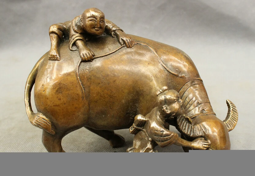 

song voge gem S3630 Lucky Chinese Bronze Copper Fengshui Zodiac Bull Oxen Kid Boy Statue Sculpture