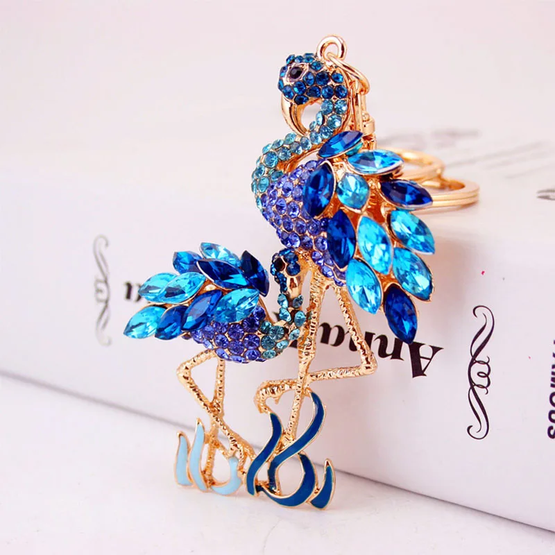 RE Шарм двойной Фламинго Птица брелок для ключей кристалл брелок для ключей со стразами сумка Шарм Подвеска автомобильные брелки для женщин J3030 - Цвет: Blue