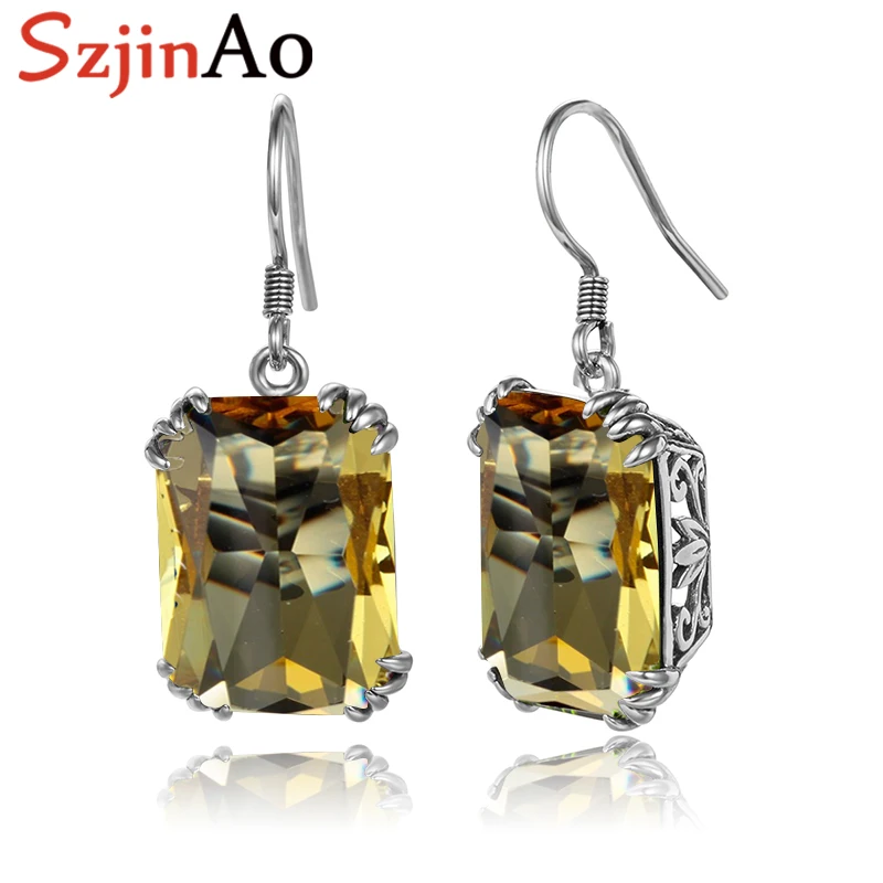 SzjinAo Fine Jewelry Yellow Topaz Earrings Hollow oxidation black process 925 Silver Earrings Drop for Women Fashion Loves Gift цена SzjinAo Fine Jewelry Yellow Topaz Earrings Hollow oxidation black process 925 Silver Earrings Drop for Women Fashion Loves Gift цены онлайн