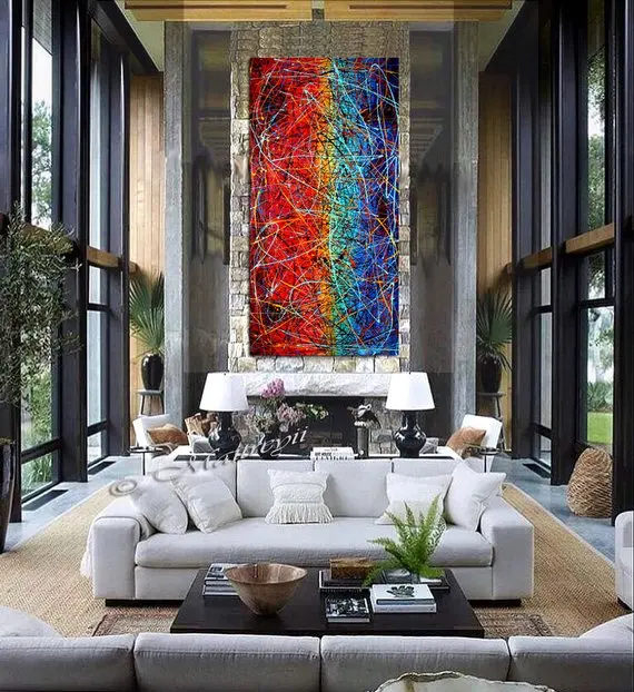 

Jackson Pollock Drip Style Art Blue Red Painting extra large Oil Painting o Canvas Modern Wall Artwork oversize art Luxury Style