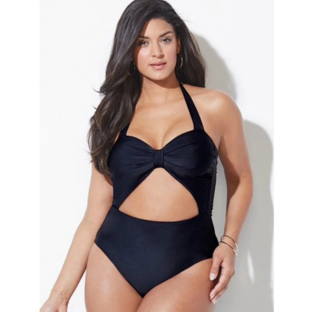 

Plus Size One Piece Swimsuit Solid Swimwear Tummy Cut Out Monokini Sexy Swimsuit Strappy Halter Bathing Suit Plus Size Swimwear