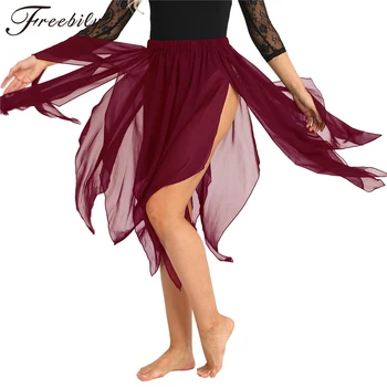 

Fashion Women Girls Side Split Asymmetrical Belly Dance Skirt Adult Lady Performance Lyrical Dance Costumes Chiffon Dance Skirt
