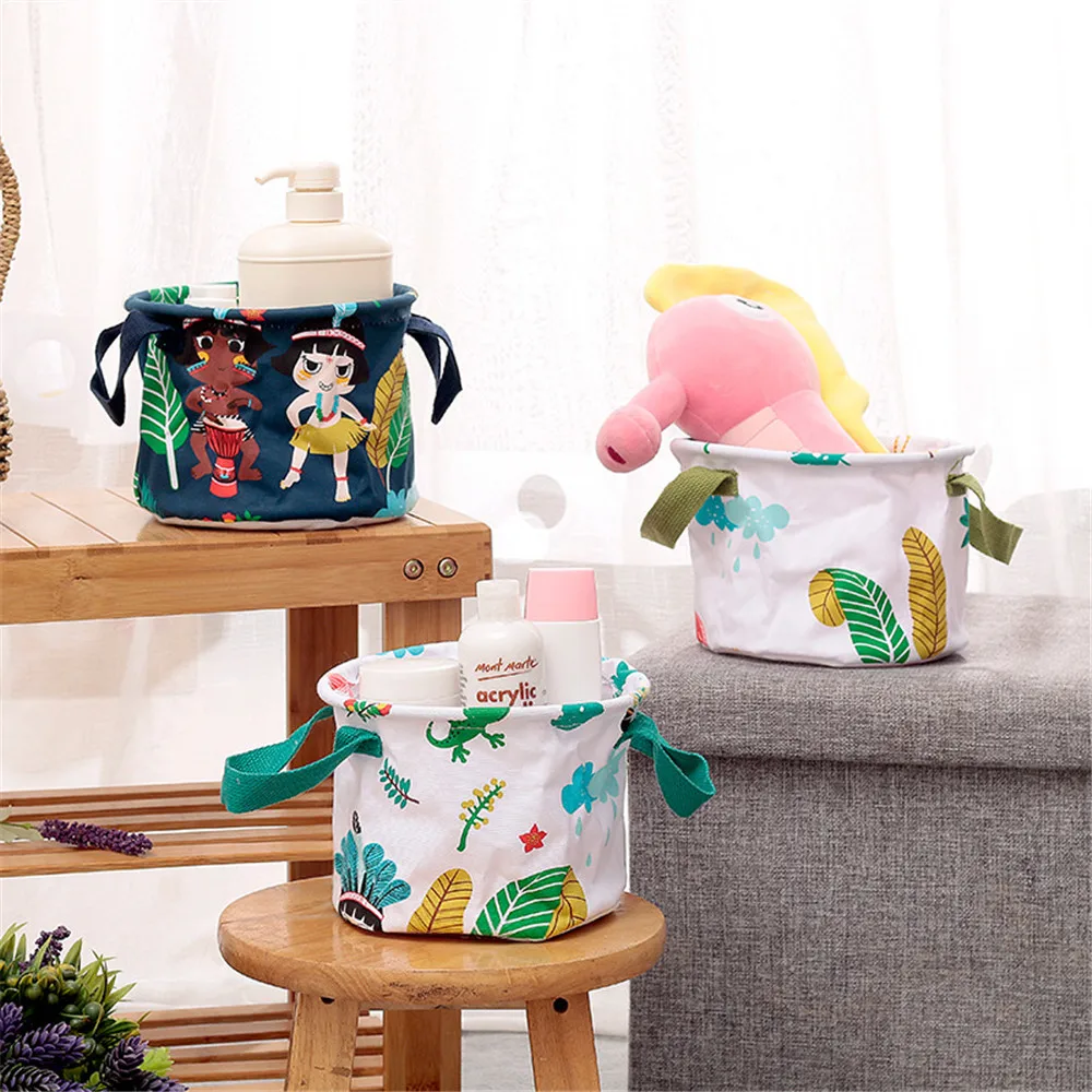

Cotton Linen Storage Basket Cute Printing Waterproof Desktop Organizer With Handle Sundries Storage Box Clothing Storage Bag