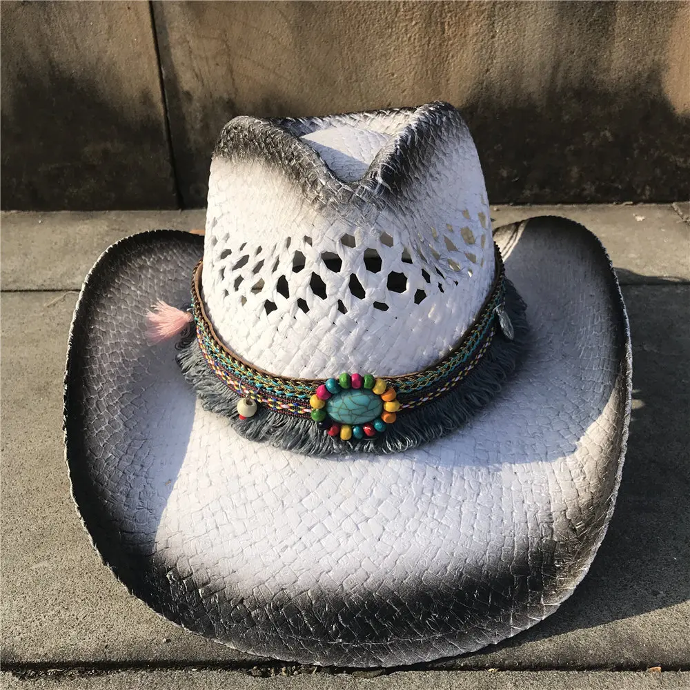 Женская и мужская соломенная открытая западная ковбойская шляпа женские, папы, ручная работа, богемные Sombrero Hombre Cowgirl Jazz солнцезащитные очки размер 56-58 см