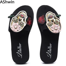 AShwin модные летние сандалии в стиле «панк»; «Череп» на плоской подошве, тапочки, женская обувь Стразы с украшением в виде кристаллов на танкетке на платформе; шлепанцы; большие размеры