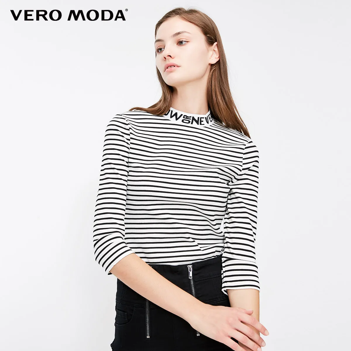 Vero Moda Женская Полосатая футболка с буквенным принтом и 3/4 рукавами | 318330515 - Цвет: Snow white