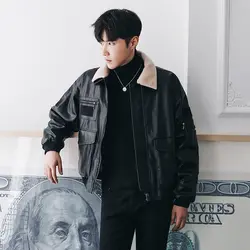 Кожаная куртка Мужская модная Корейская версия утолщенная теплая локомотивная овечья шерсть пальто меховой воротник кожаная куртка