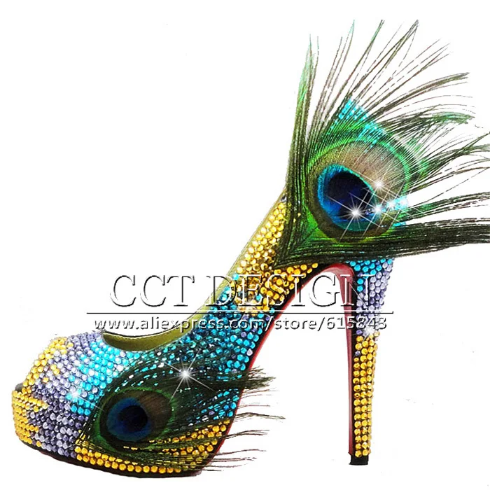 Rhinestones Wedding Shoes Gold And Blue High Heels Peacock Feather