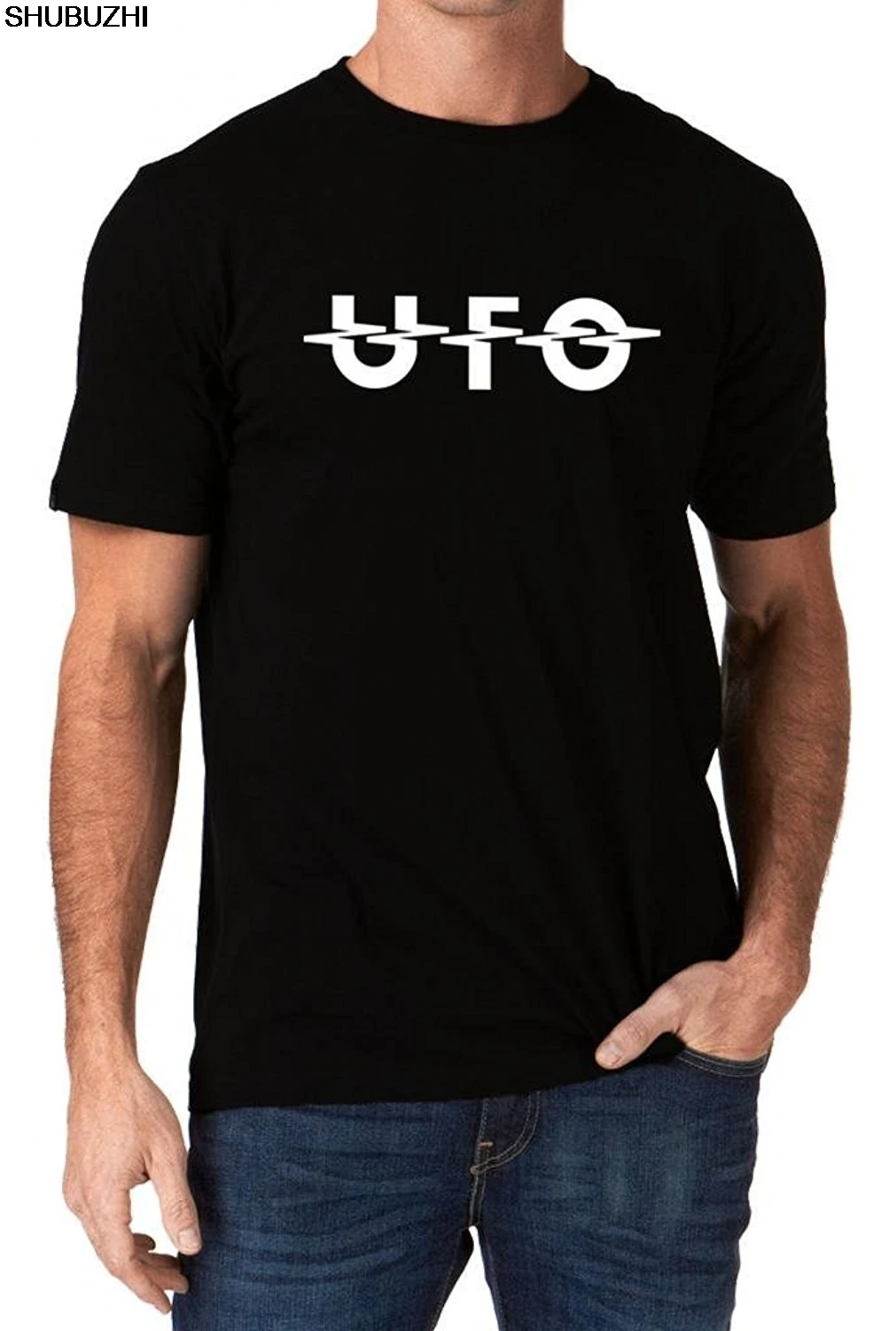 

UFO Band Rock Music Metal Logo T-Shirt T Shirt Hipster Cool O Neck Tops Loose Black Men T Shirts Homme Tees Base Shirtsbz190