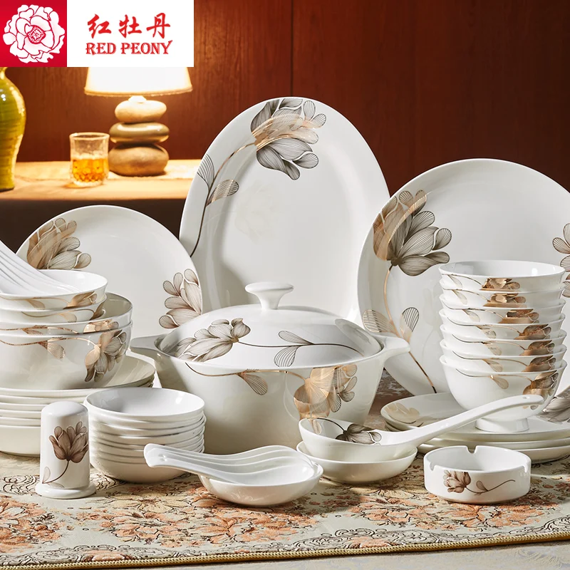 Tangshan 56 head bone china tableware bowl set set Chinese dishes
