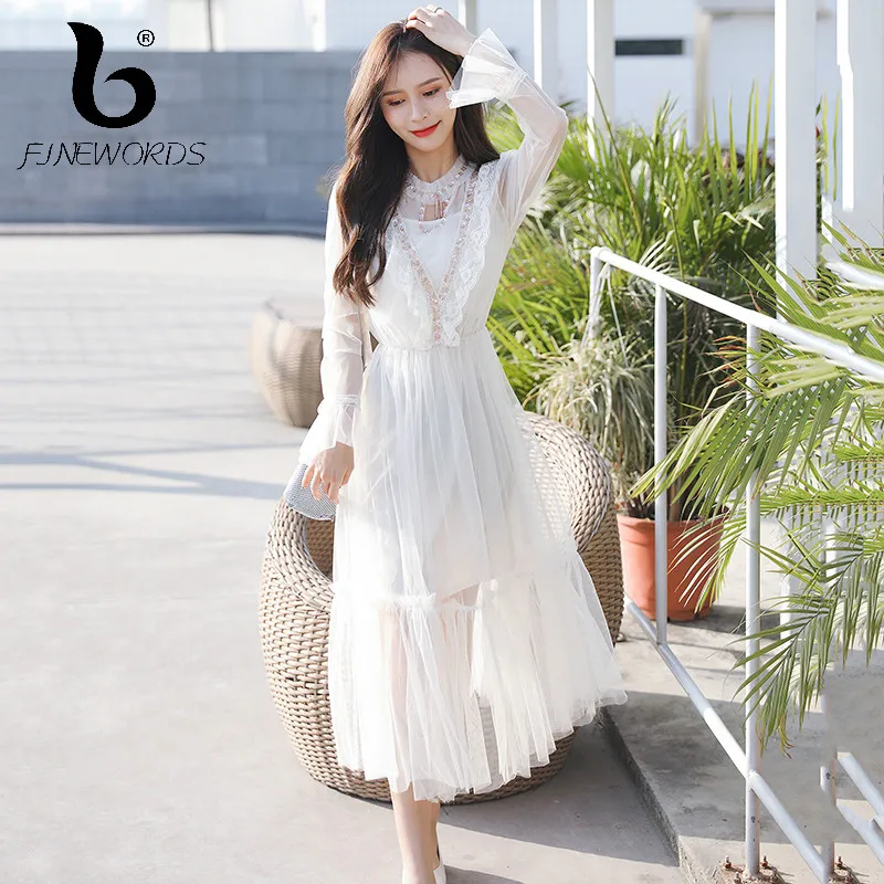 

FINEWORDS 2019 Fashion O-neck Party Long Dress Slim Pleated Patchwork Hemline Mesh Dress Female's Long Sleeve Personal Vestido