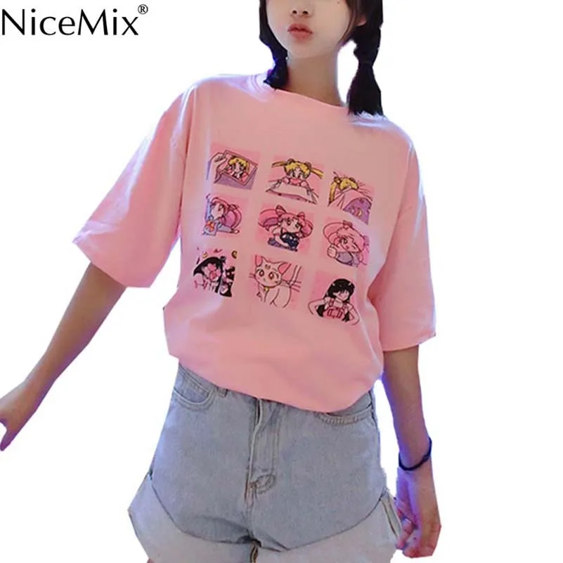 

NiceMix Kawaii T Shirt Summer Women Tops 2017 Harajuku T-shirts Print Sailor Moon Loose Short Sleeve Plus Size Tee Shirt Femme