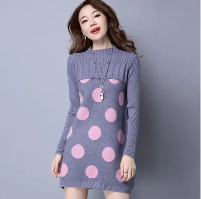 

Autumn Winter Women Warm Pullover Sweater Dress Female Long Sleeve Computer Knitted Woolen Dress Cashmere Dot Pattern Turtleneck