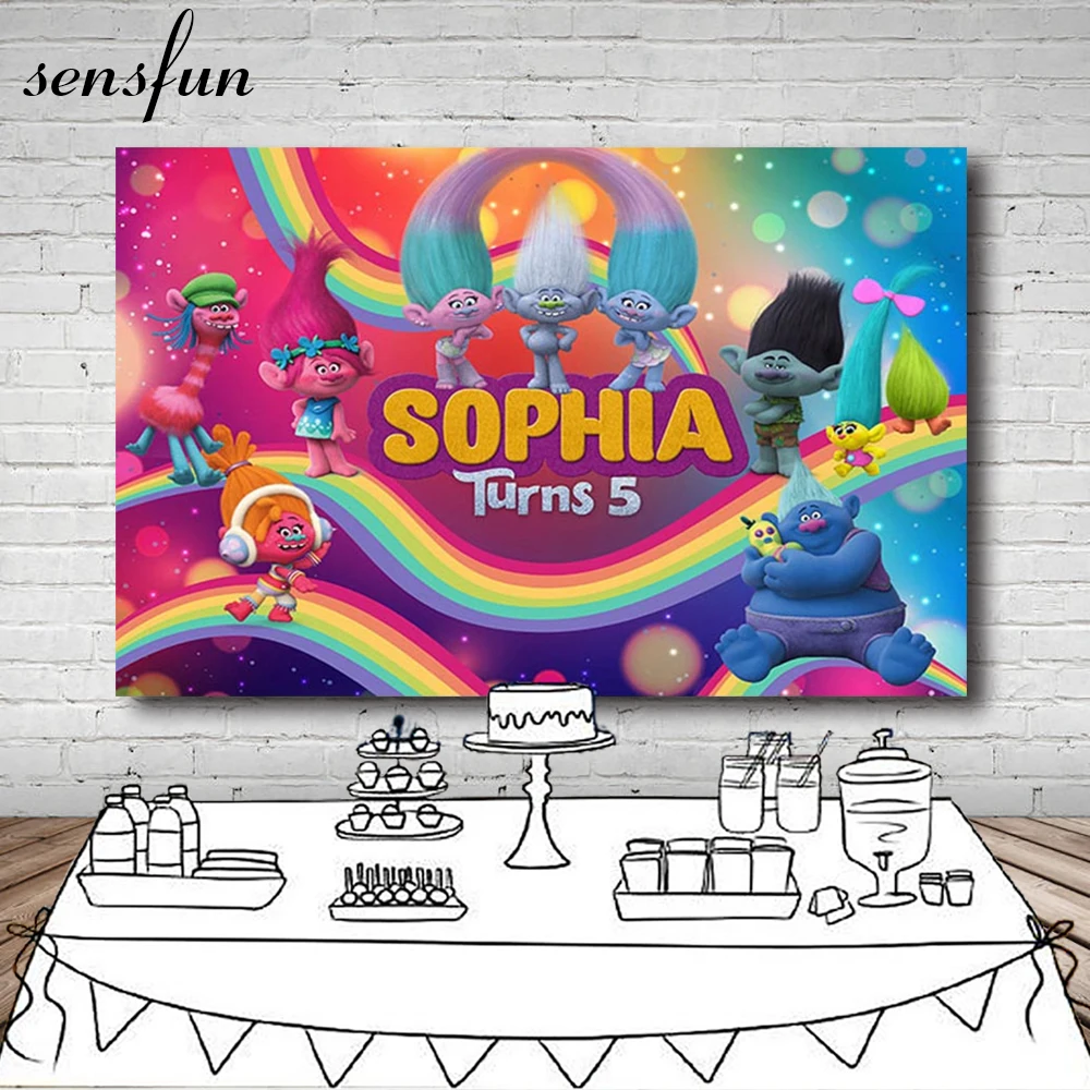 

Sensfun Dance Trolls Rainbow Photography Backdrop Children Happy Birthday Party Backgrounds For Photo Studio 7x5FT Vinyl