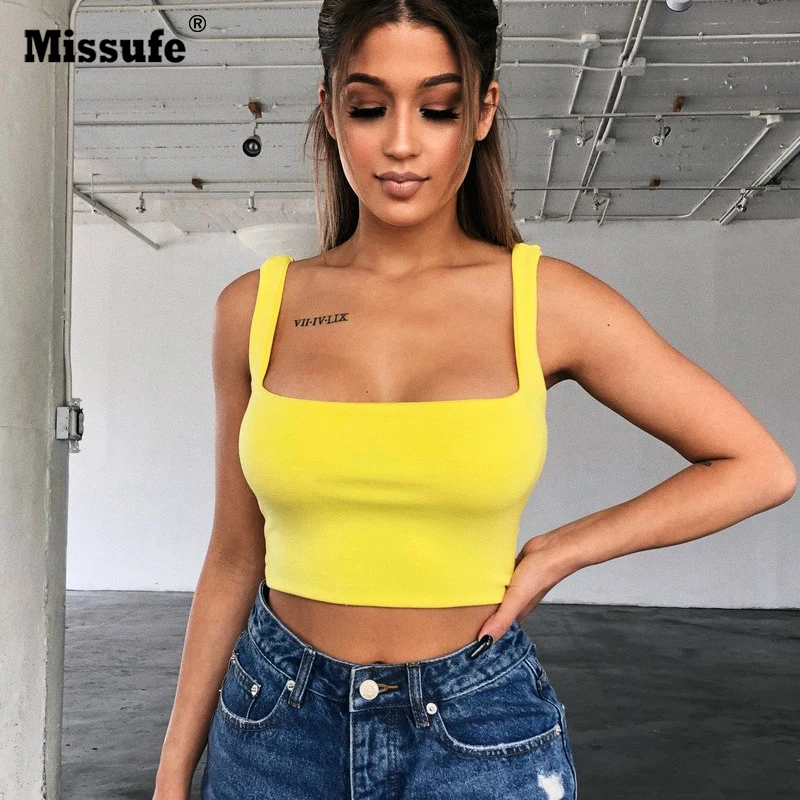

Missufe Plain Tops Streetwear Sexy Cropped Tops Sleeveless Strap Square Collar Club Basics Tank Top For Women 2019 Harajuku