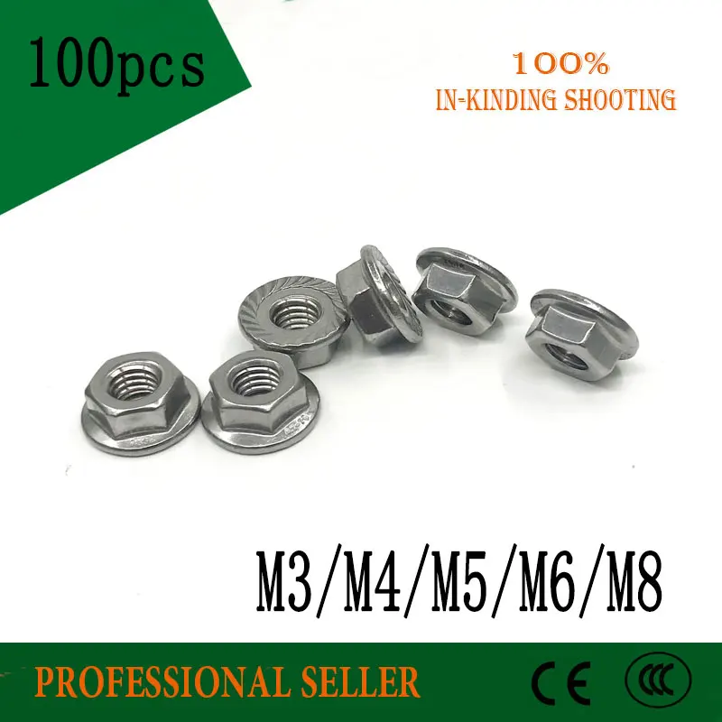 

High quality100PCS M3/M4/M5/M6/M8 304 stainless steel flange lock nut hex flange nut hardwar antiskid nuts