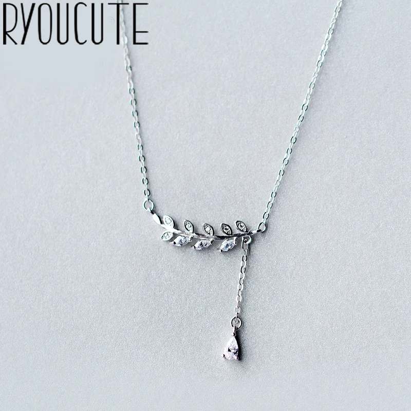 

RYOUCUTE 100% Real Pure 925 Sterling Silver Jewelry Long Chain Zirconia Leaf Choker Necklaces For Women Gifts Kolye Collar