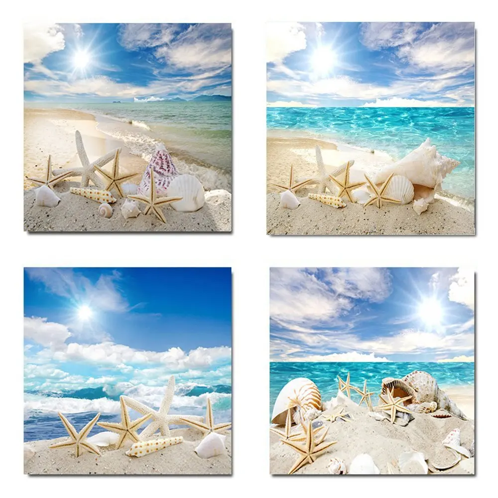 SimonfineUs Blue Sky White Clud Beach Seashell Conch Starfish 4 Pieces Modern Giclee Canvas Prints Artwork Landscape Pictures to Photo Paintings on Canvas Wall Art Decor