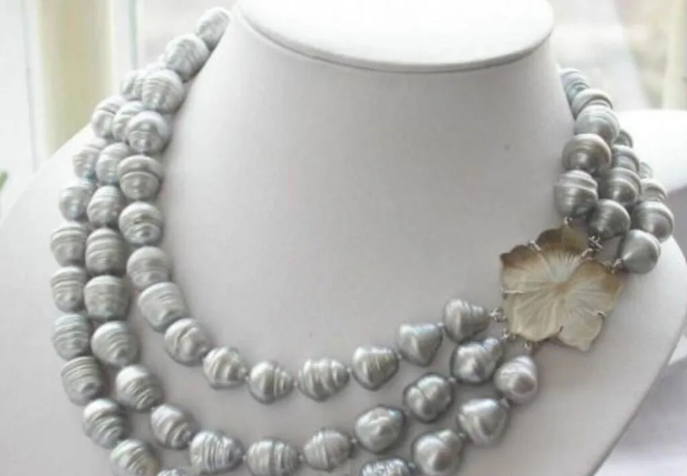 

FREE shipping>>>>>>New triple strands 11-13mm natural south sea gray baroque pearl necklace 18-20" 6.07