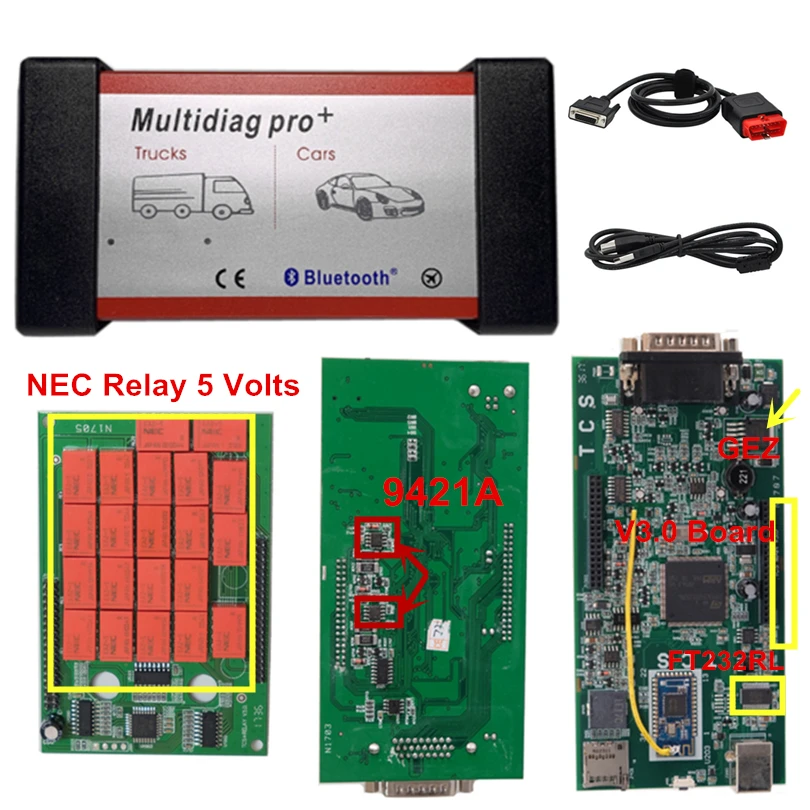 10 шт./лот DHL Multidiag Pro TCS NEC 5В реле V3.0 доски двойной полный набор с Bluetooth OBDII диагностический инструмент для автомобиля/багажник