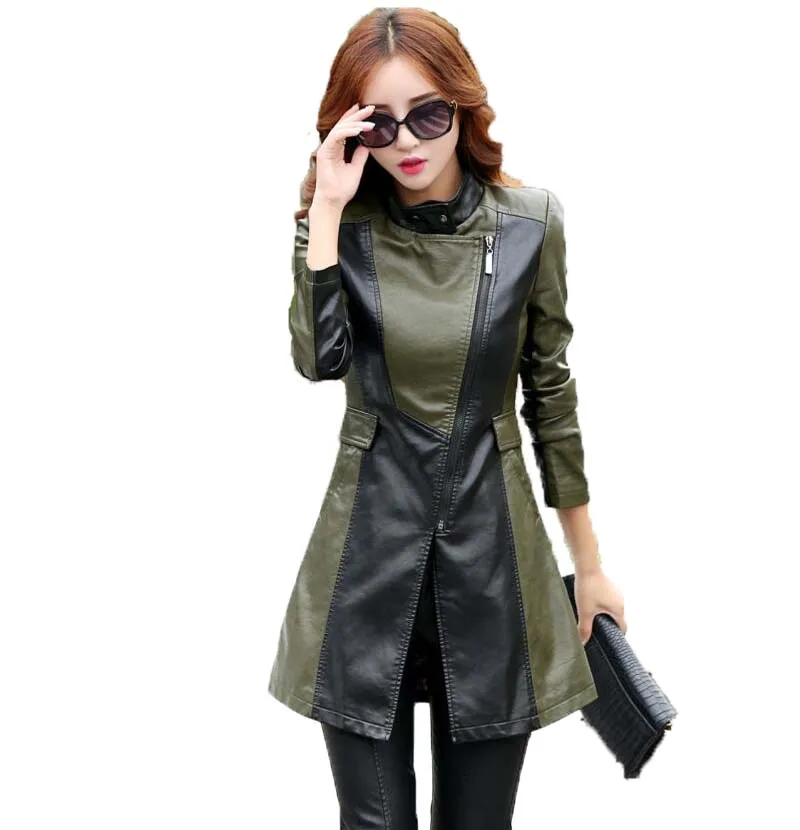 

Leather Coat Women 2019 New Spring And Autumn Leather Jacket Women Long Slim Motorcycle Leather clothing Female Outerwear OAIRED