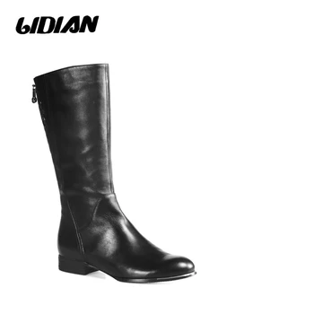 

LIDIAN 2018 high boots Women Genuine leather Winter boots with metal zip and buckles Short Plush inside knee high Boots H16