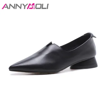 

ANNYMOLI 2018 Shoes Real Leather Women Flats Spring Casual Shoes Pointed Toe Slip On Ladies Shoes Loafers Black White Size 34-43