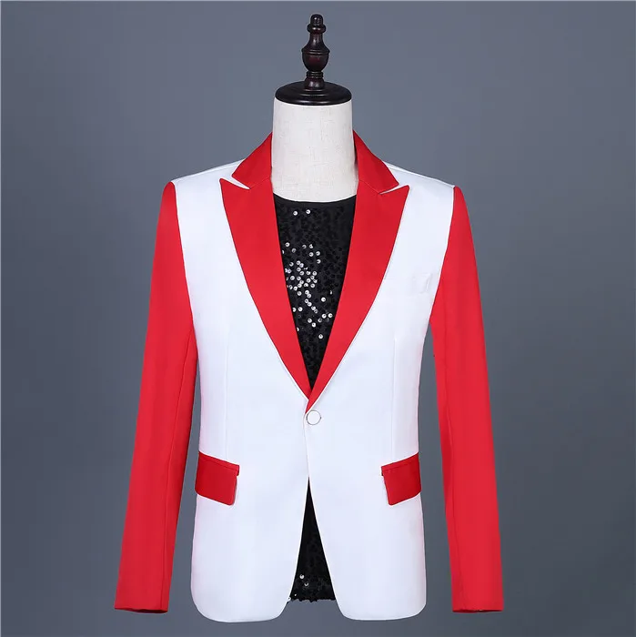 Red-White Stitching Blazers Set One Button Slim Fit Tuxedo Suit Men's Wedding Groomsmen Dress Singer Group Performance Costumes