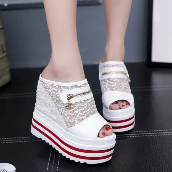 

12CM Increase cool slippers in summer slope and waterproof platform thick lace net yarn cake fish mouth shoes