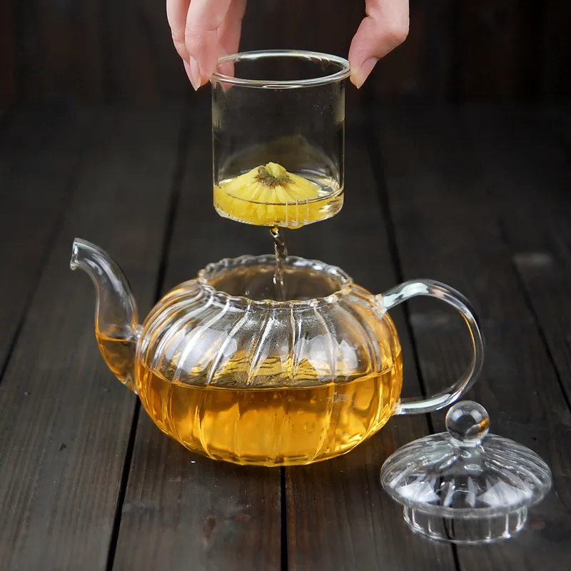 

600ml Striped Heat-resistant Glass Teapot Set 6pcs/set Glass Warm holder 50ml Double-wall Glass Cup Home Office Tea Tools