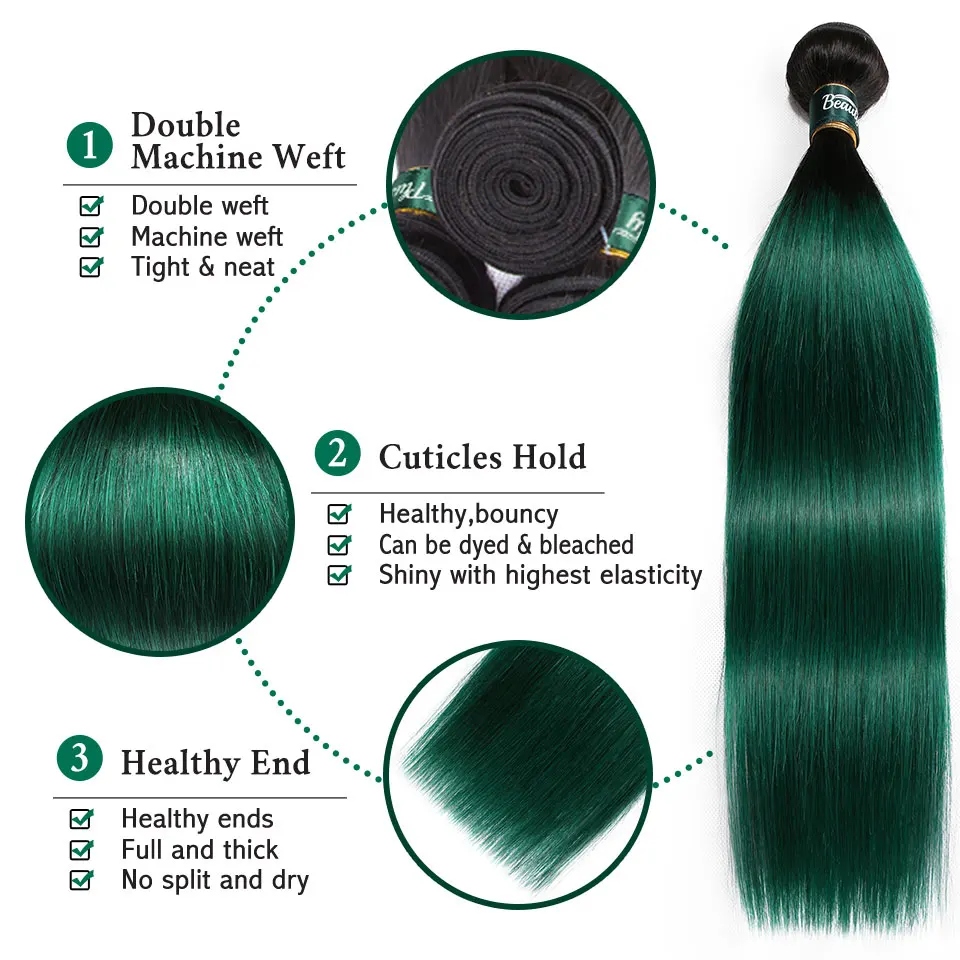 Омбре зеленые пучки 4 шт. бразильские прямые человеческие волосы плетение для наращивания красота плюс не Реми темные корни 1B бирюзовые пучки волос