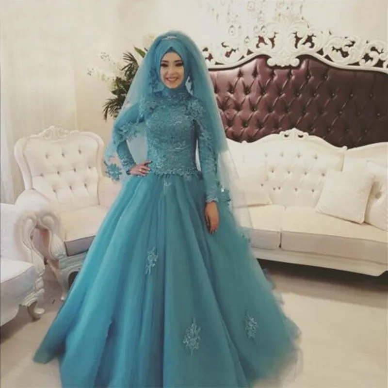 Arabe Bleu Robe De Mariage Musulman Dubaï Haute Neckwith