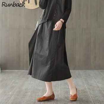 

Runback Cotton Black Pants Fake Two Pieces Design Skirt Plus Size Loose Pants 2020 Spring Summer Trousers Woman Pantalon Mujer