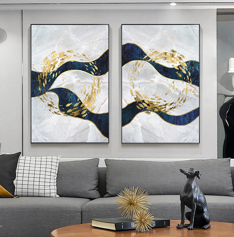 Абстрактная Золотая Картина на холсте с изображением рыб, скандинавский мраморный декор, японский принт, большой золотой плакат, настенное искусство для гостиной, современный стол