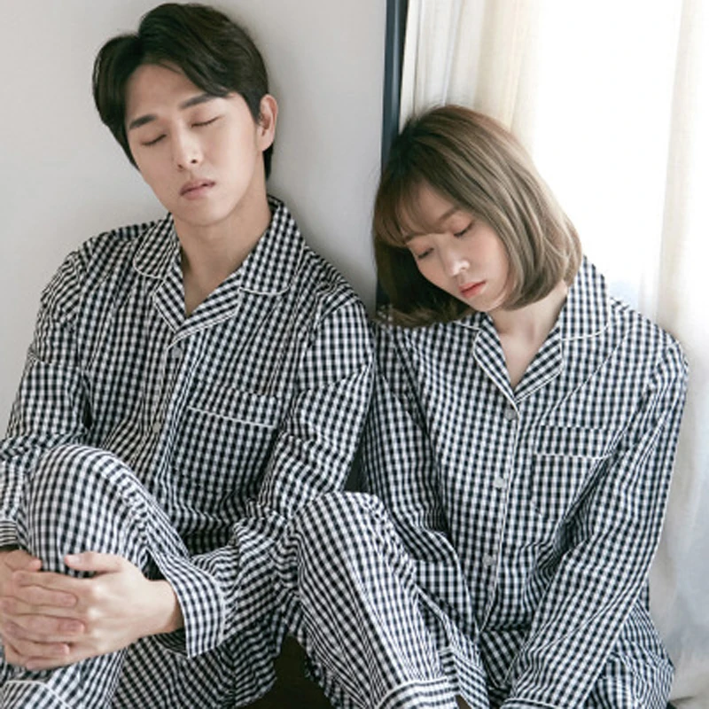 Black and white square Japanese couple pajamas women autumn and winter cotton men and women long-sleeved home service suit men