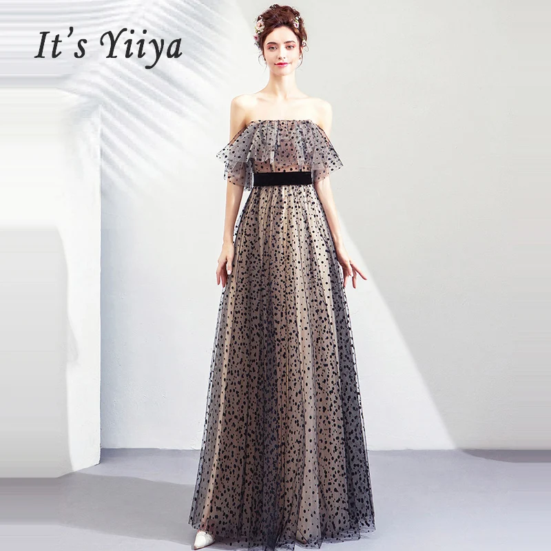 

Prom Dress Elegant Strapless Sleeveless A-Line Floor Length 2019 Floor Length Party Dress Custom Plus Size Black Prom Gowns E229