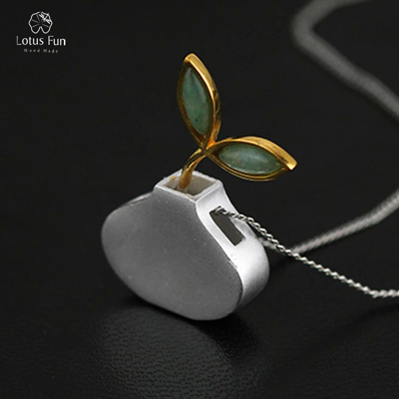 

Lotus Fun Brand 925 Sterling Silver Pendant for Women Unique Natural Aventurine Vase Mariquesa Green Leaf Fine Jewelry Wholesale