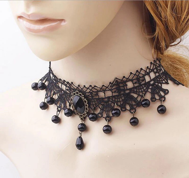 Jinglang Fashion Lace Rope Chain Chokers Necklace Dangle Black Beads