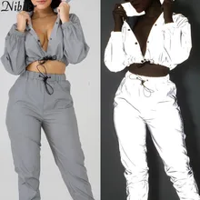 Nibber moda reflexiva fluorescência jaquetas femininas 2019 nova primavera outono manga longa colheita topos brilhando moletom ativo wear(China)