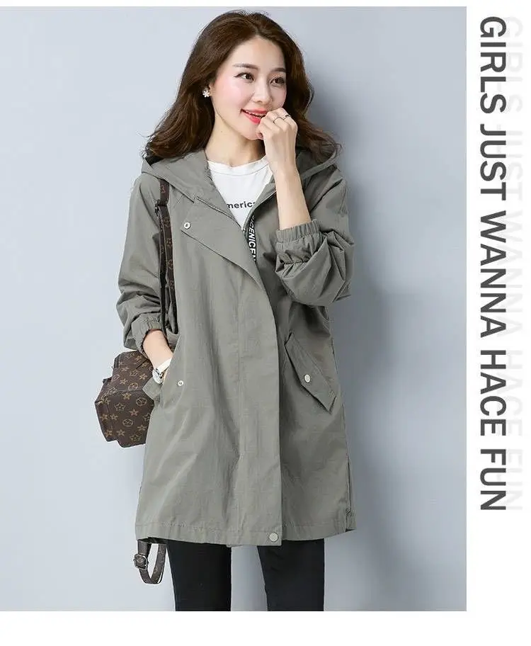 Vangull Women Trench Coat Female Long Sleeve Thin Hooded Wind Coat Autumn New Plus Size Loose Zipper Adjust Waist Outerwear