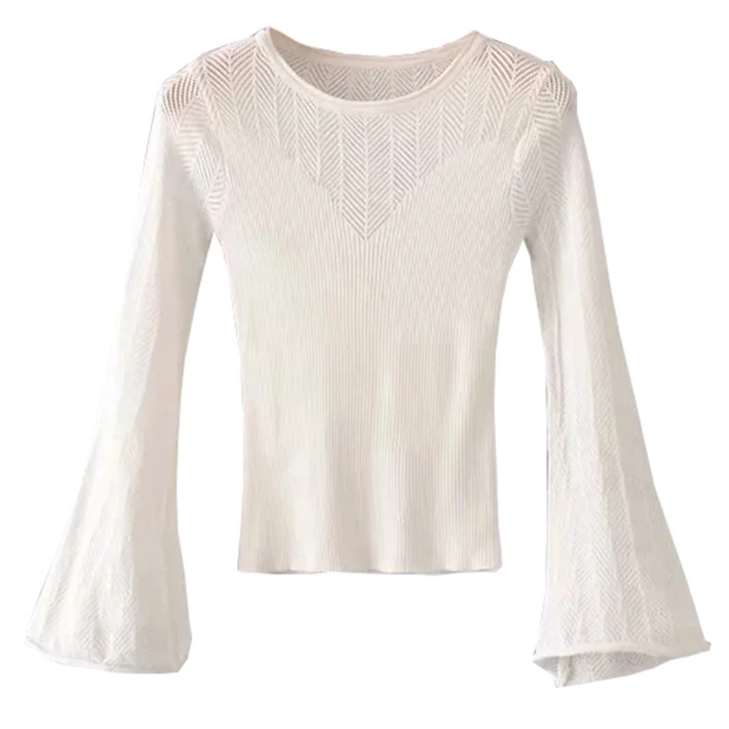 Fashion Hollow O-neck Women Wild Slim Trumpet Sleeve Knitted  Spring Modis Bottoming Sweater Female 2019 New Solid Color Top