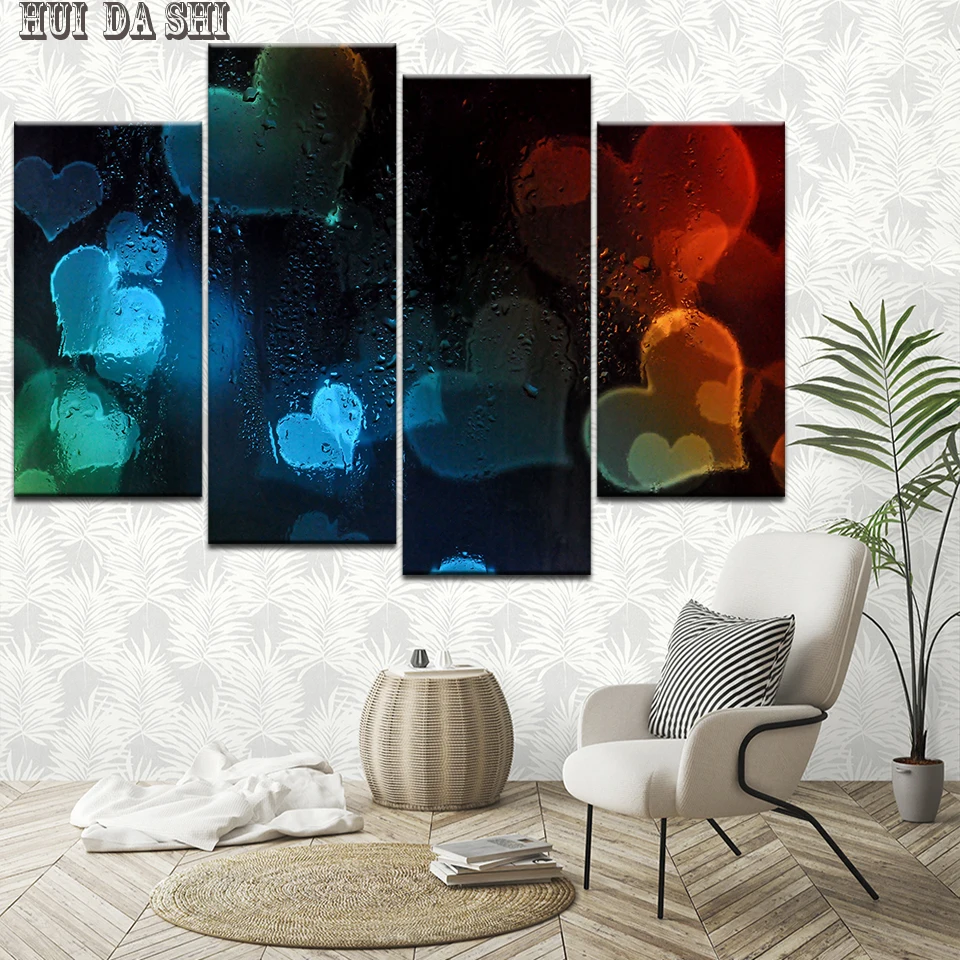 Paintings HD Printed Decor Room Wall Modern 4 Pieces Romantic Red Heart-Shaped Rainwater Art Frame Modular Canvas Picture Poster | Дом и сад