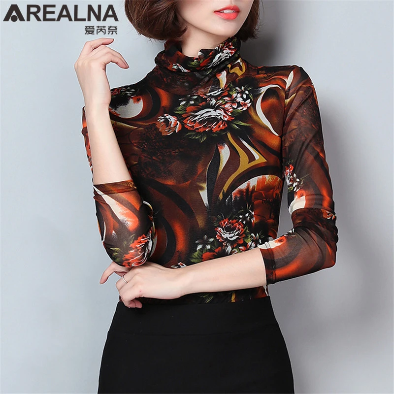 Модная женская блузка, кимоно с цветочным принтом, черная сетка, Женские Прозрачные топы с длинным рукавом, Женская водолазка, тонкая рубашка размера плюс - Цвет: 876
