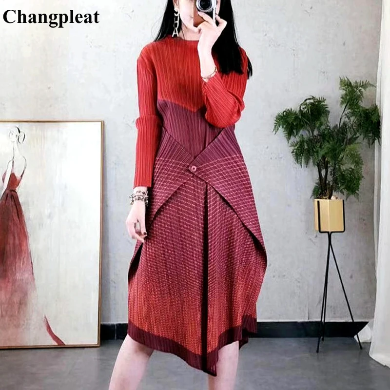

Changpleat 2019 Spring new Stripe splicing Women Dresses Miyak Pleated Fashion Design one Button Elastic waist Female Dress Tide