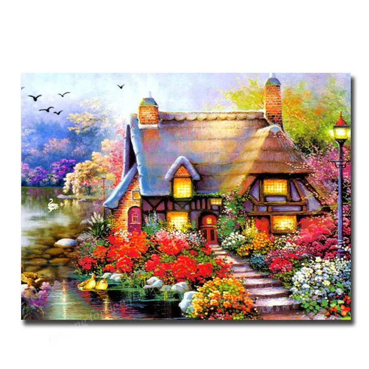 Housing bridge water flower diamond painting Scenery Dream ...