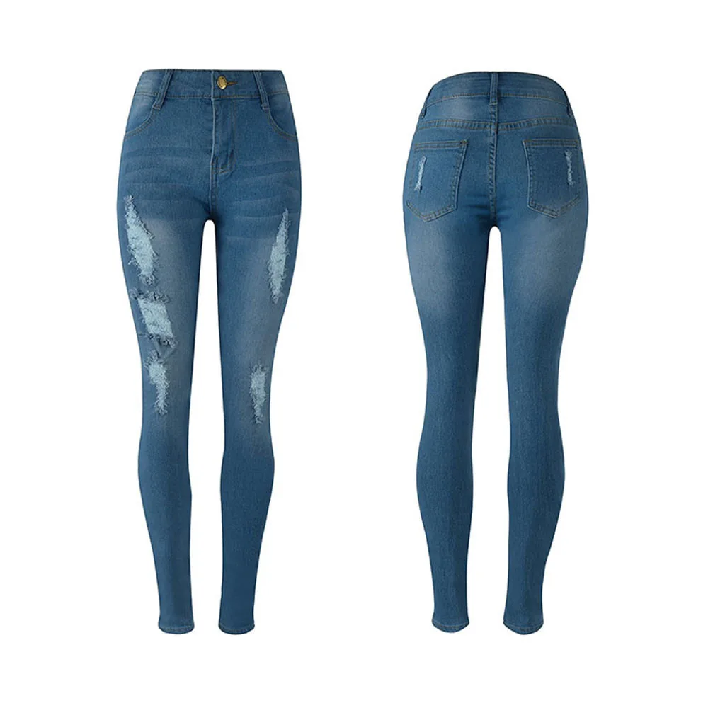 

Women Denim Skinny Ripped Pants High Waist Jeans Slim Pencil Trousers Solid Blue