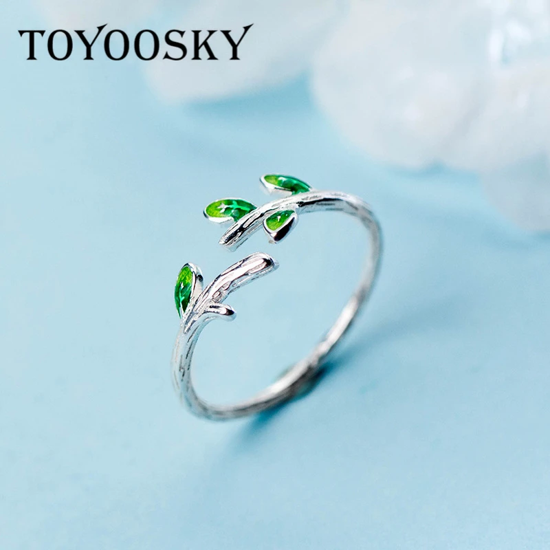 Новая 925 пробы Серебряная ветка листья Зеленый Открытый палец кольцо для женщин модные аксессуары ювелирные изделия
