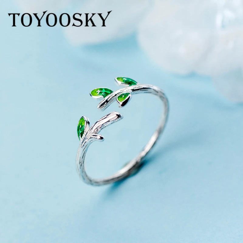 

New 925 Sterling Silver Branch Leaves Green Open Finger Ring for Woman Fashion Accessory Jewelry